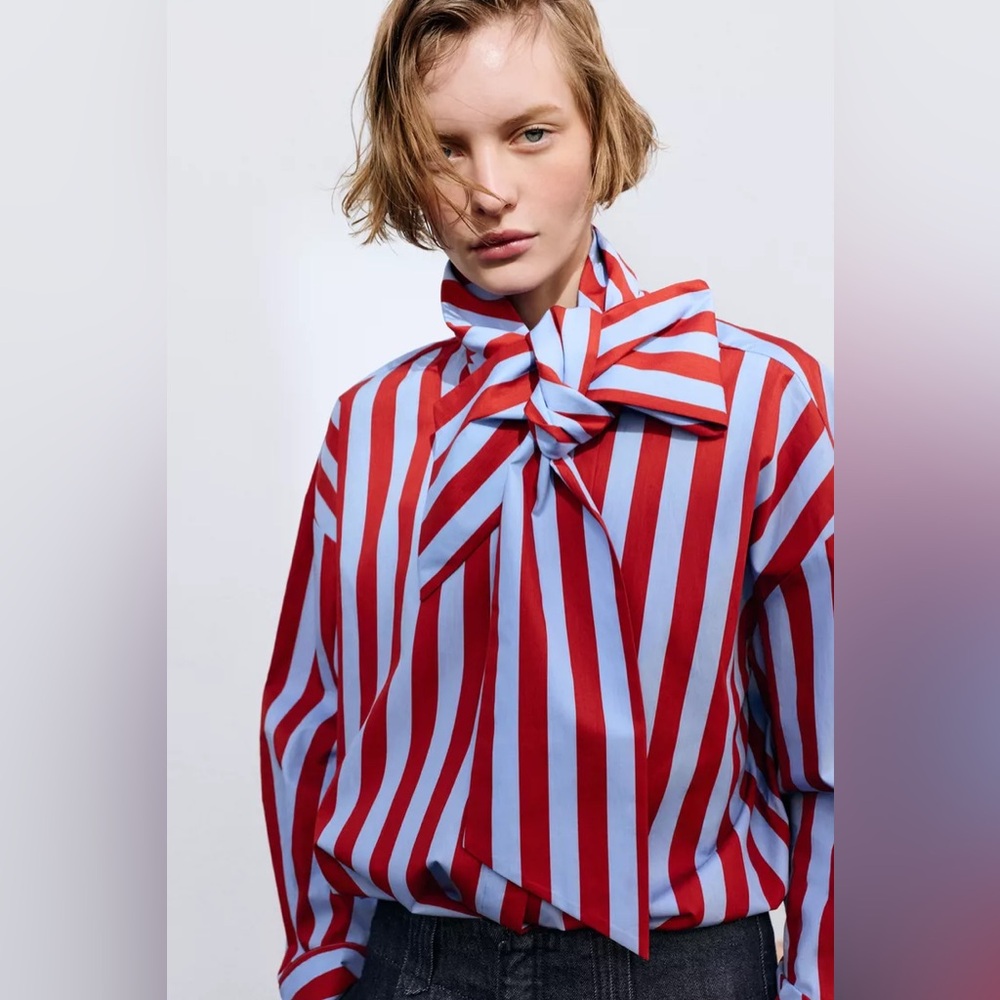ZARA BOW NECK STRIPED SHIRT - Picture 11 of 16